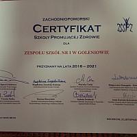 Certyfikat Szkoły Promującej Zdrowie dla Zespołu Szkół nr 1 w Goleniowie